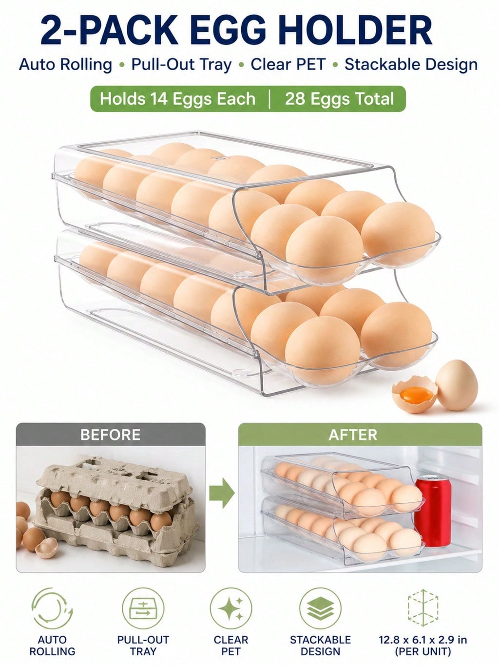 Meal Prep Eggs - 2-Pack Clear Automatic Rolling Egg Holder,